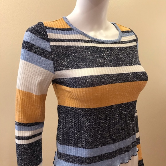 Almost Famous Wide Striped Top Womens Size Medium Long Sleeve Blue Yellow - Picture 2 of 13